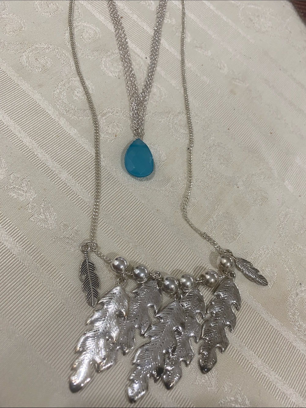 Arizona Jean Company (2) Silver Feather Layered Necklace with Turquoise Teardrop